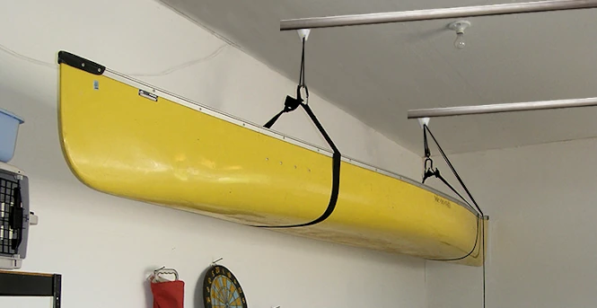 canoe trolley roller track ceiling storage