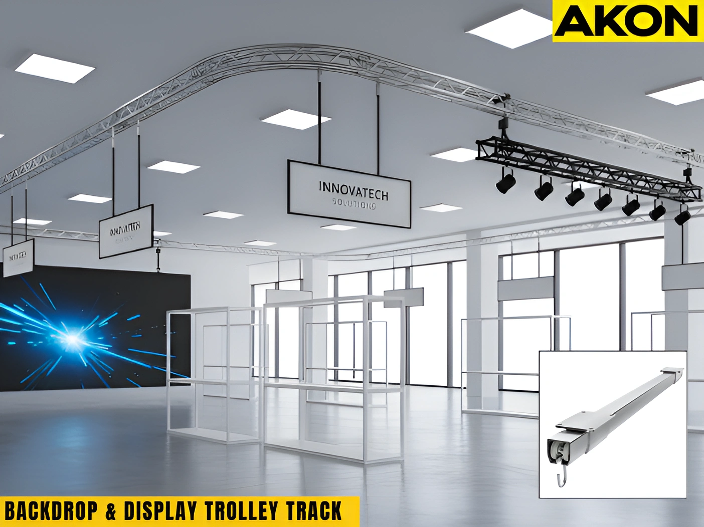 Backdrop & Display Trolley Track system installed in modern trade show booth with overhead lighting and suspended signage