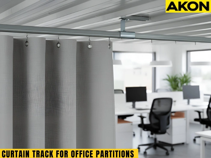 Ceiling curtain track system creating office partitions for flexible space dividing and privacy