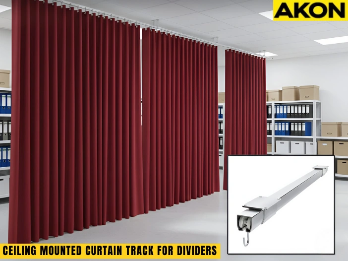 Ceiling mounted curtain track for dividers installed in a commercial office with suspended ceiling panels