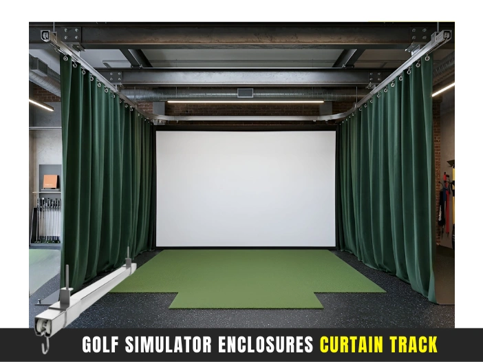 Ceiling-mounted industrial curtain track system supporting golf simulator enclosure with full-length green curtains
