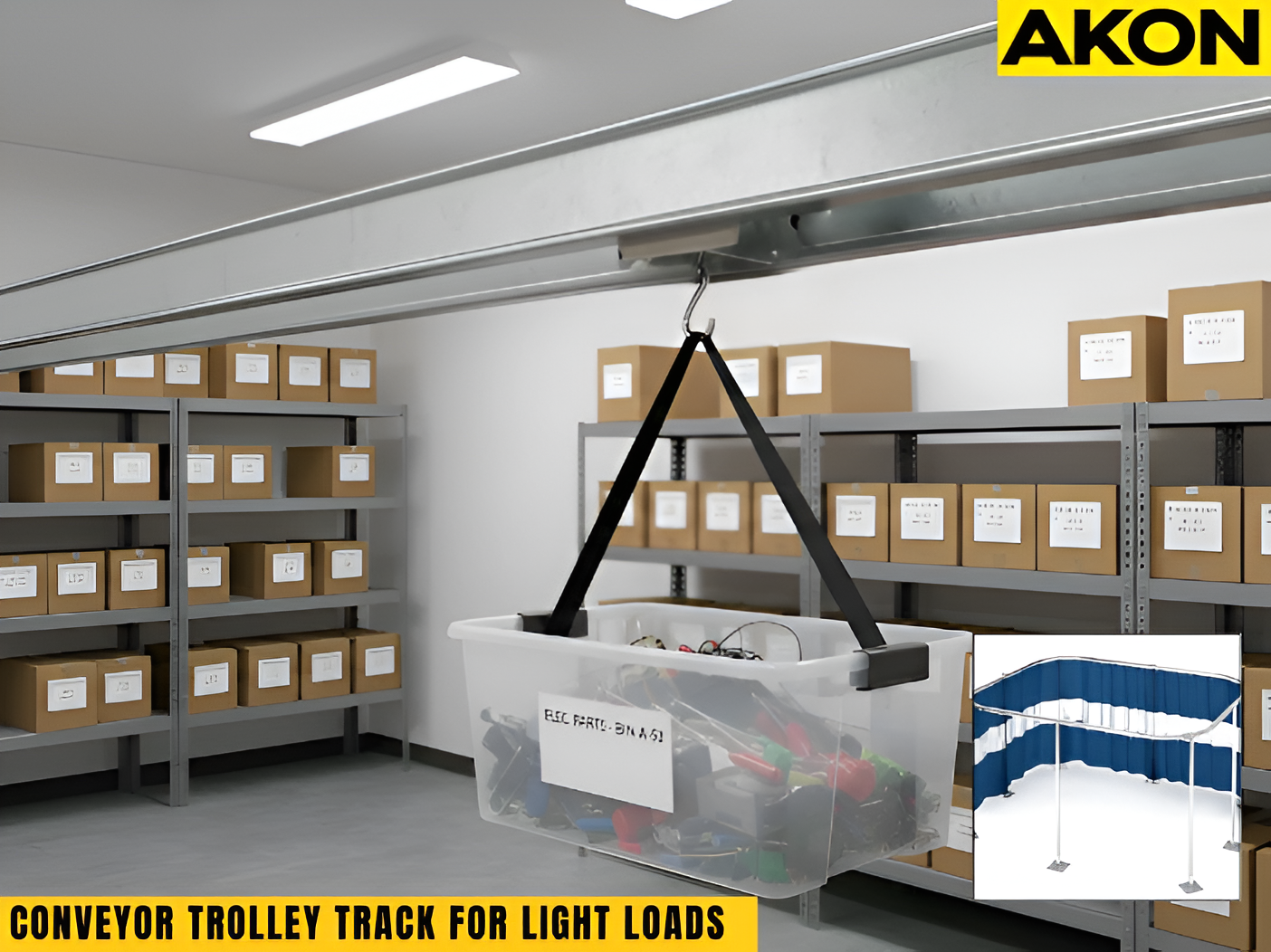 Conveyor trolley track for light loads moving storage bin overhead in warehouse stockroom.