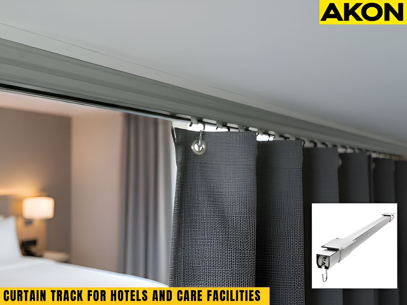 Hotel room curtain track system installed along the ceiling for guest privacy.