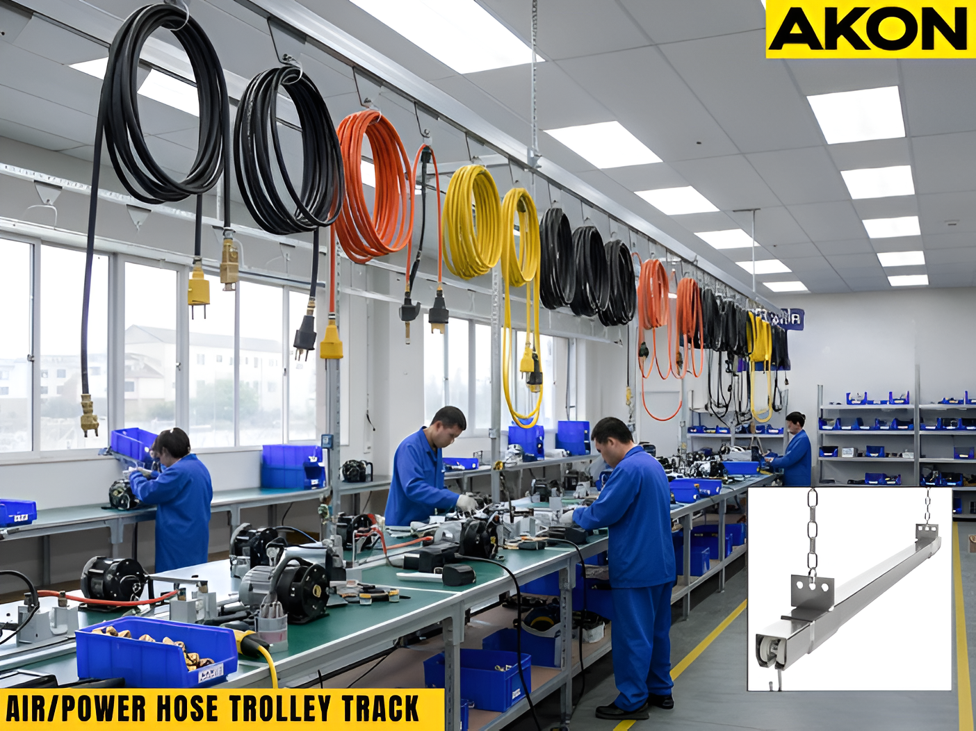 Overhead AirPower Hose Trolley Track system managing multiple hanging utility lines in manufacturing environment