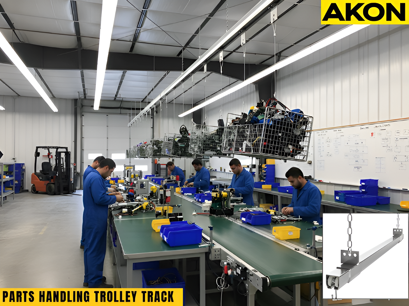 Overhead jig and fixture track system with ceiling-mounted trolley moving parts bins above industrial assembly line