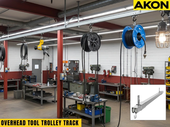 Overhead tool trolley track installed in industrial workshop with retractable cable reels and suspended power tools above workbenches