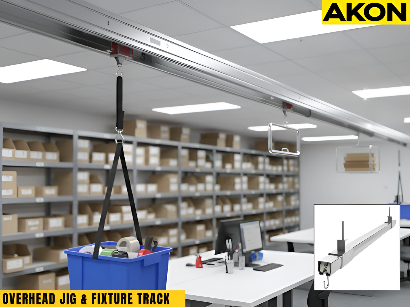 Packaging Line Trolley Track system installed overhead in a stockroom with suspended bin transport.