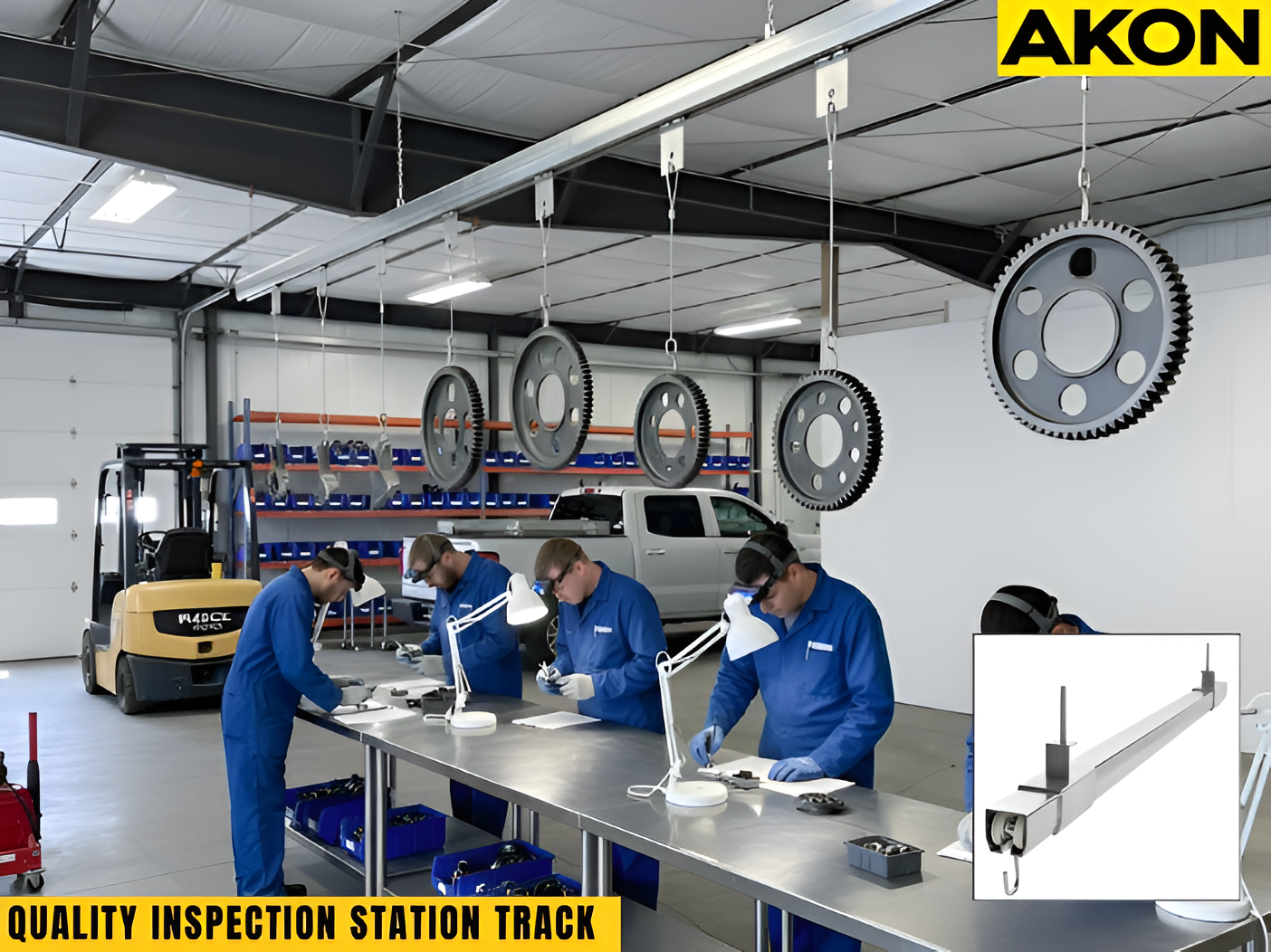Quality Inspection Station Track with overhead trolley system guiding suspended gear components above inspection worktable