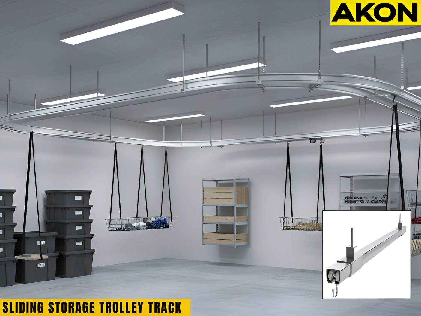 Sliding storage trolley track installed in a ceiling-mounted curved layout with suspended baskets and organized storage bins in a warehouse room