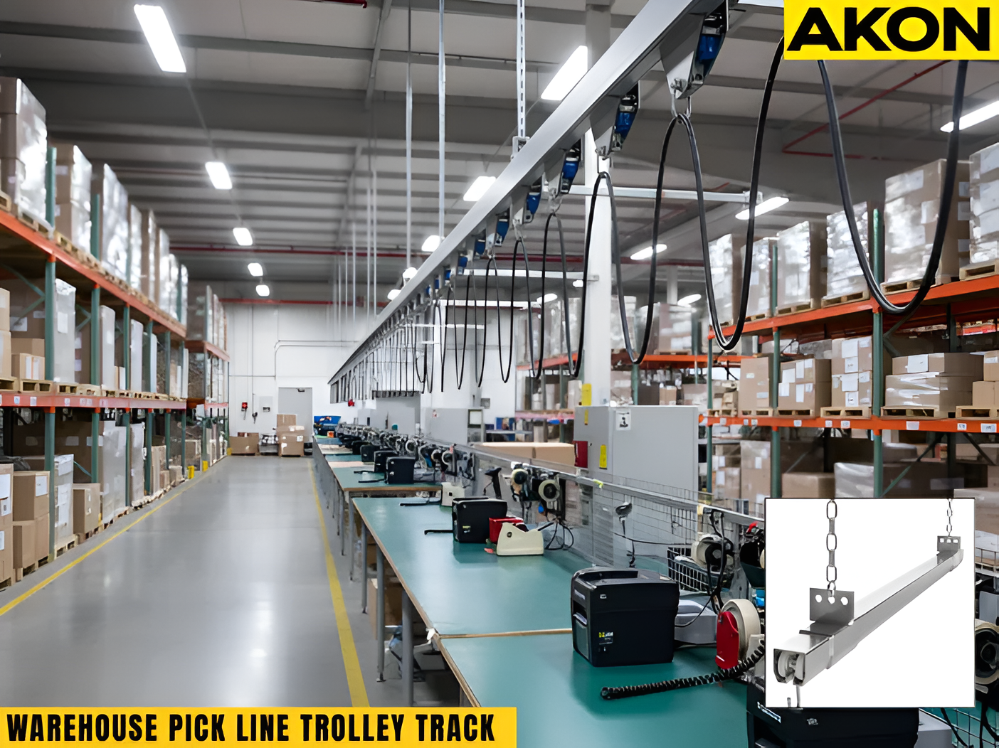 Warehouse pick line trolley track system installed above assembly workstations in industrial facility
