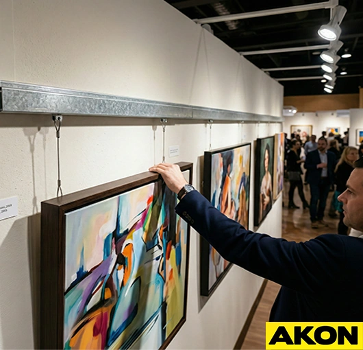 Industrial gallery display track with trolleys