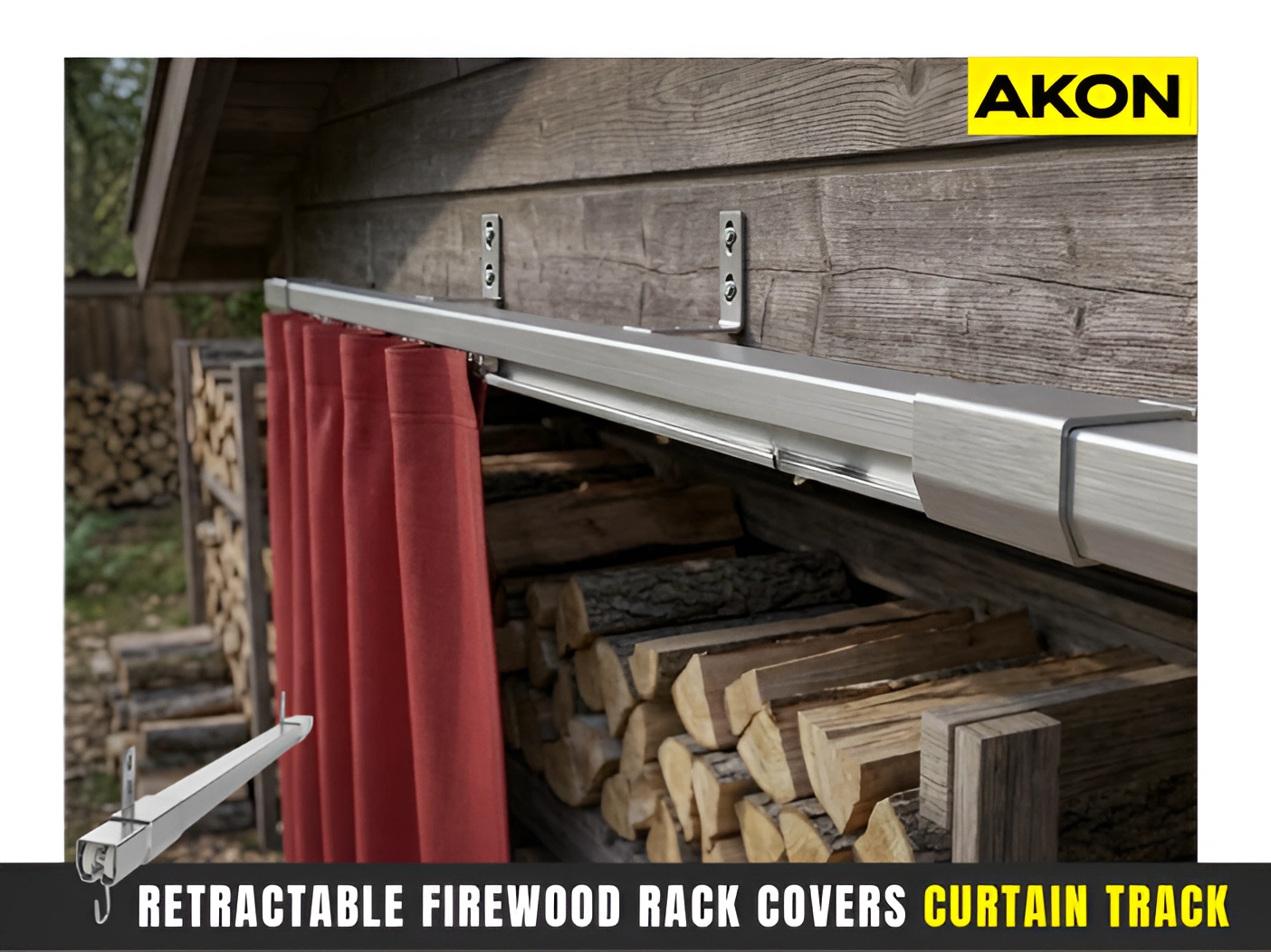 Heavy-duty curtain track hardware supporting retractable firewood rack cover system