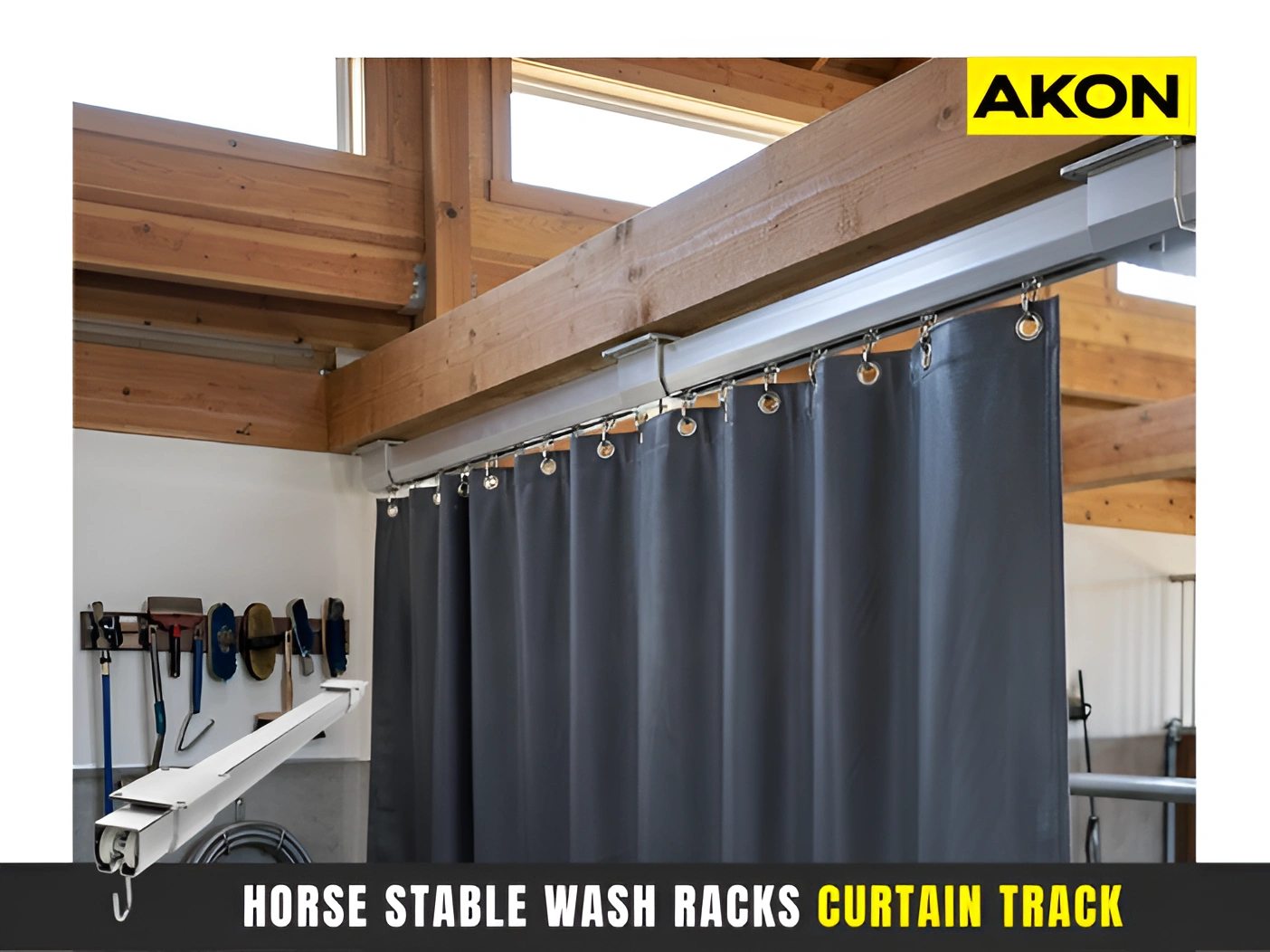 corrosion-resistant ceiling curtain track system designed for horse stable wash racks with sliding divider curtains