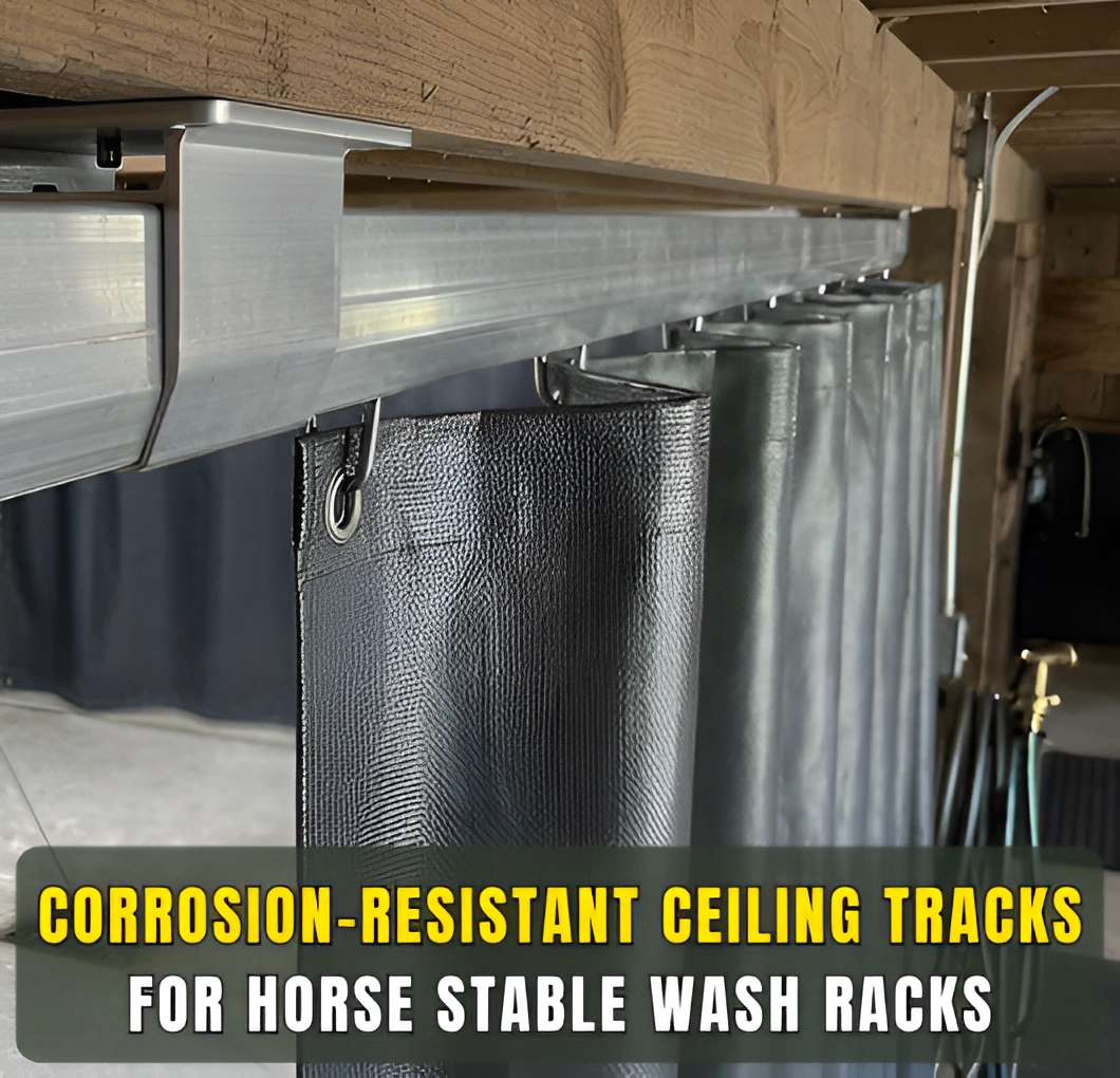 Corrosion resistant ceiling curtain track system installed above divider curtains in a horse stable wash rack