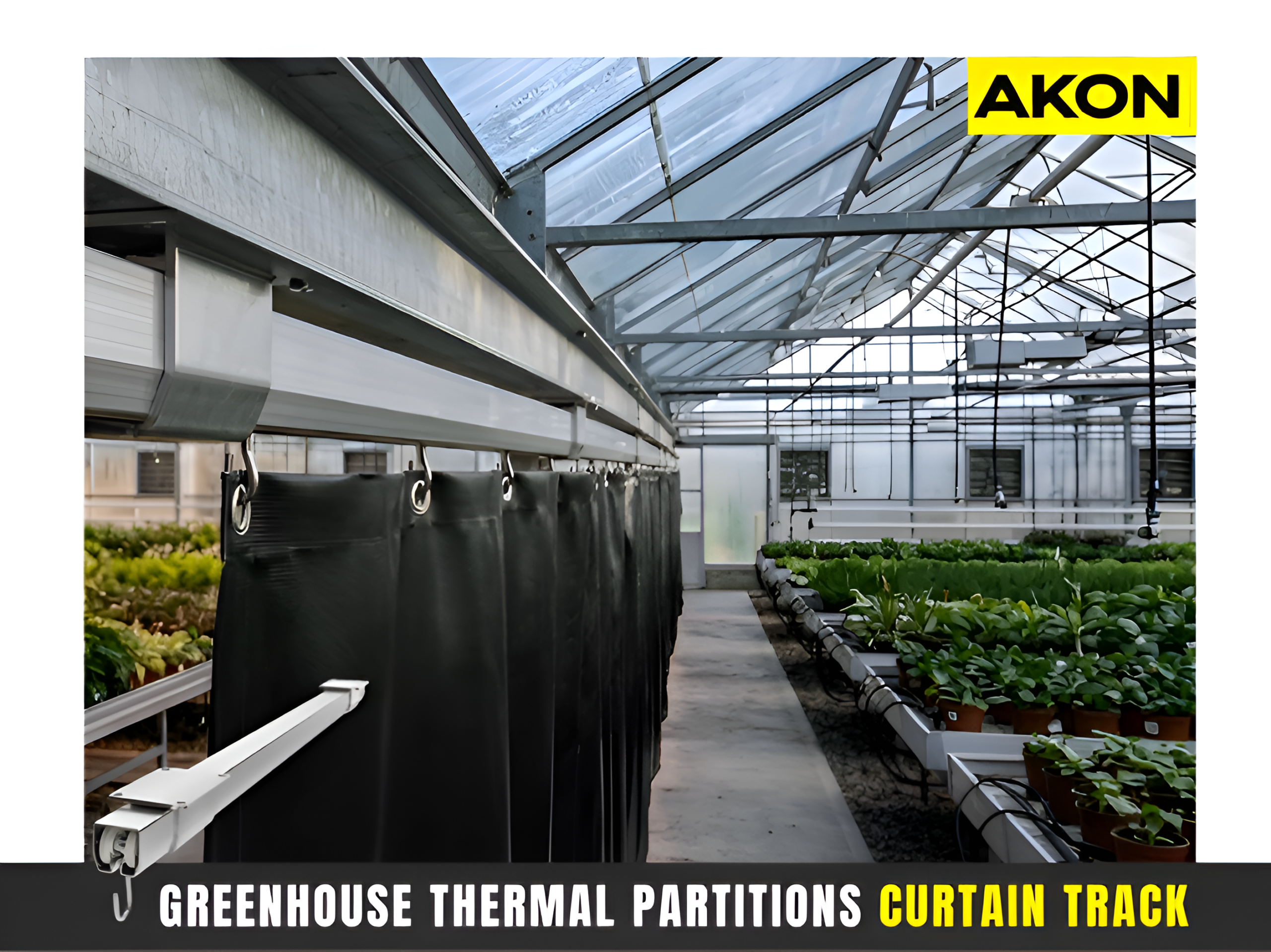 greenhouse thermal partitions curtain track system installed along ceiling rails for controlled greenhouse zones.