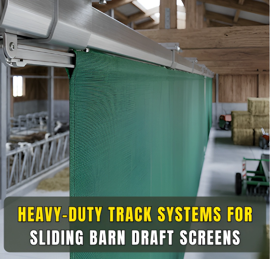 Heavy duty curtain track system for sliding barn draft screens in livestock barn