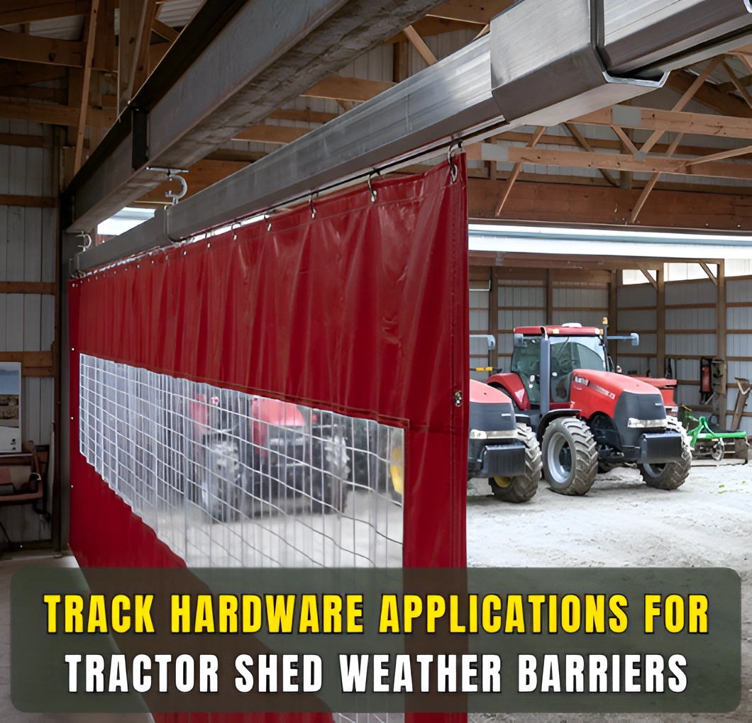 Industrial curtain track hardware supporting sliding tractor shed weather barrier curtain inside farm equipment storage building