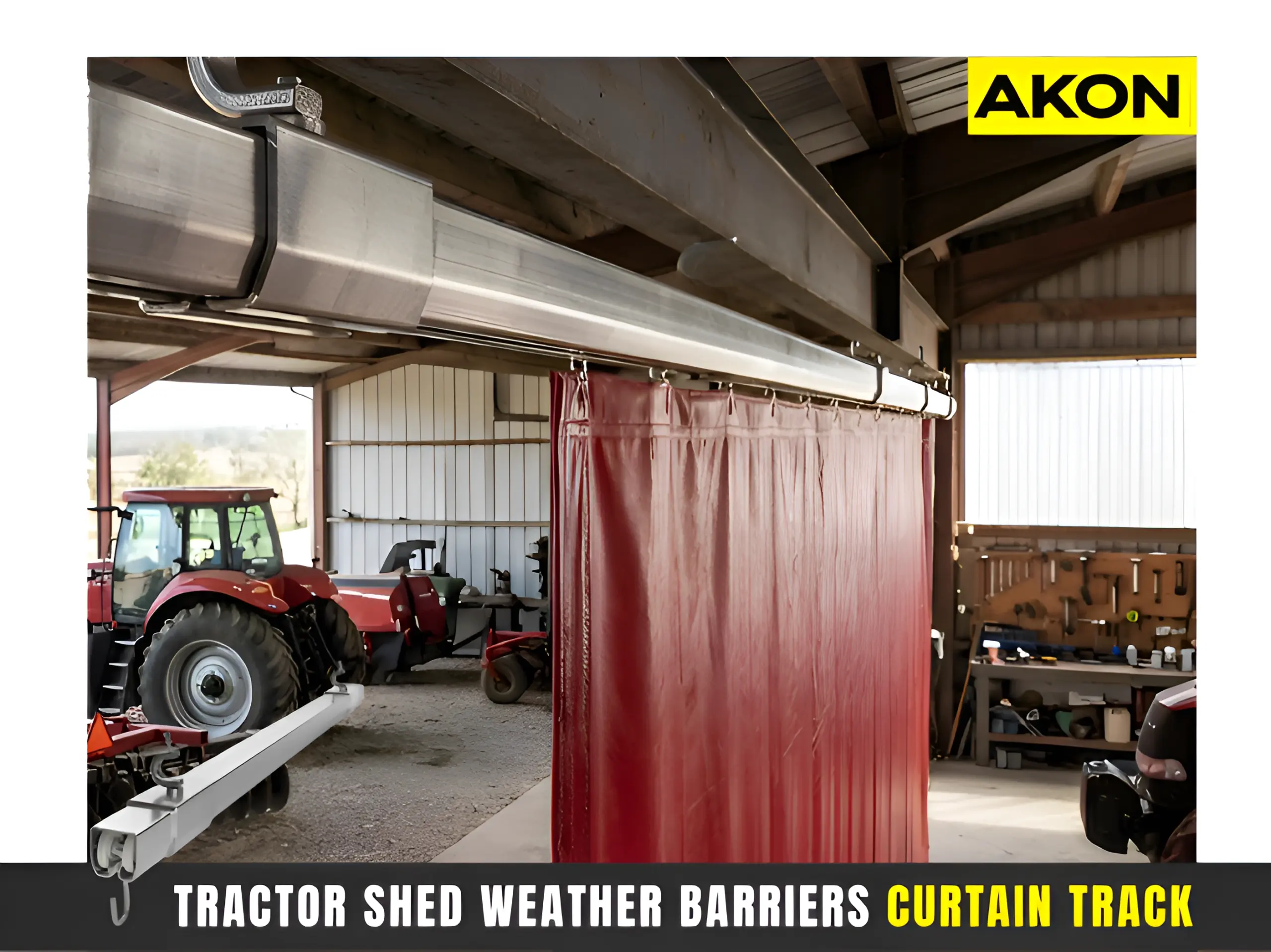 industrial curtain track system installed for tractor shed weather barrier curtain protecting farm machinery