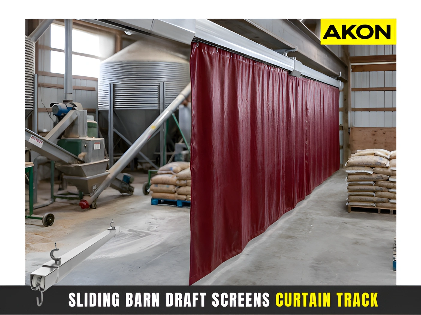 sliding barn draft screen curtain track installed in agricultural processing building