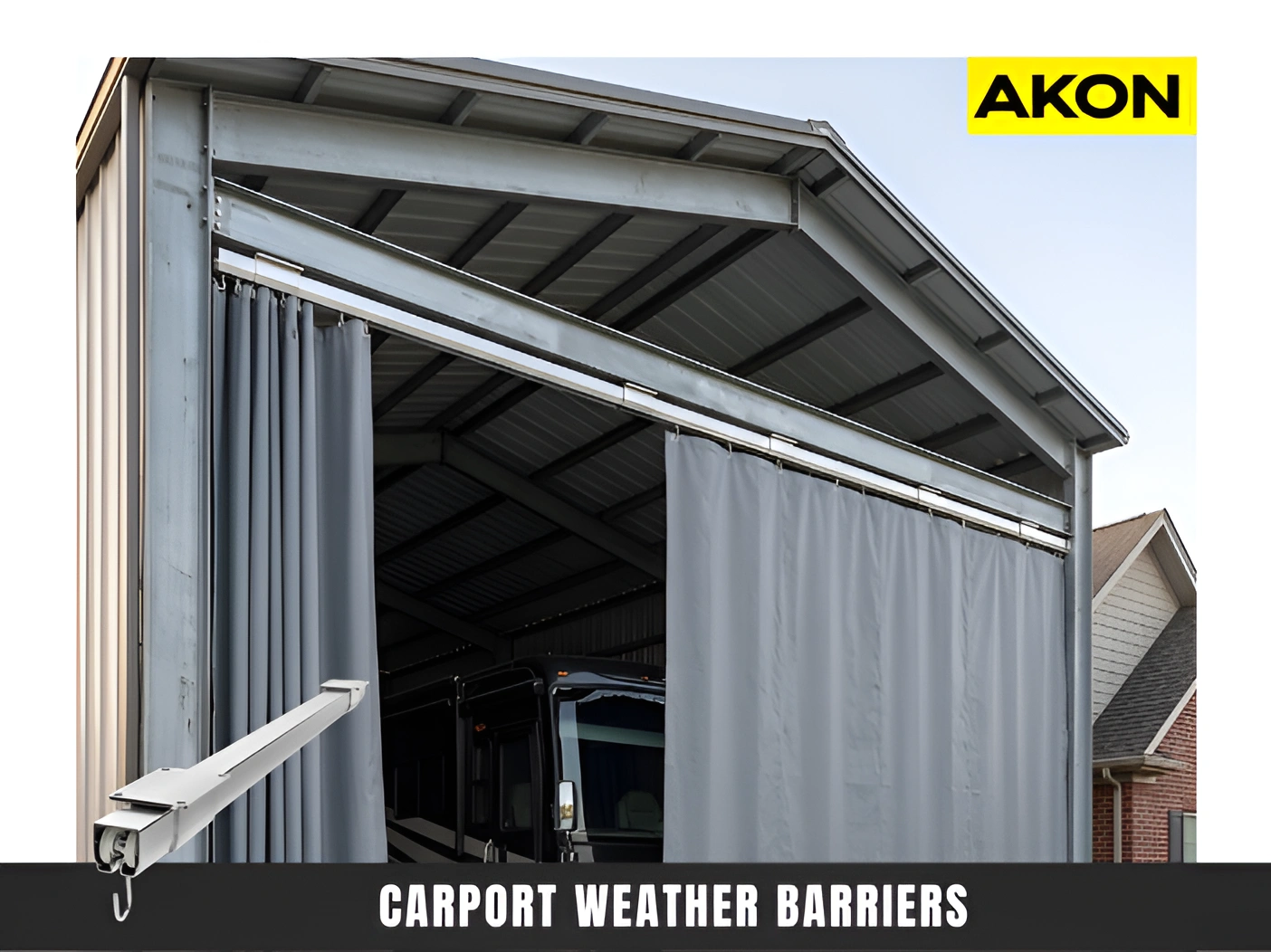 sliding curtain track system for carport weather barriers with gray outdoor enclosure panels
