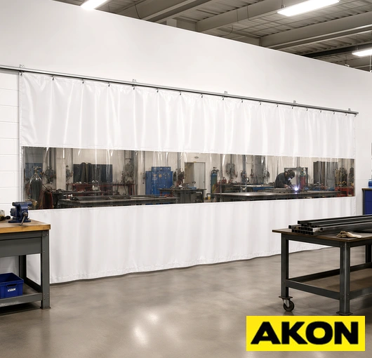 Ball bearing roller curtain track system for smooth, heavy-duty curtain operation in industrial or commercial settings.