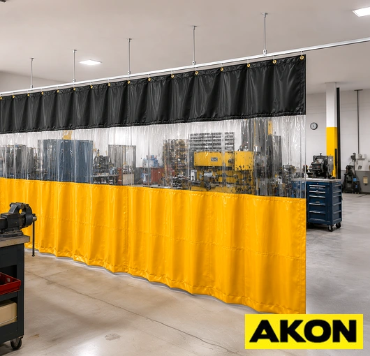 Galvanized steel curtain track mounted on a ceiling for use as a room divider in an industrial or commercial space.
