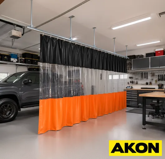 Garage divider curtain track system for workspace separation resized