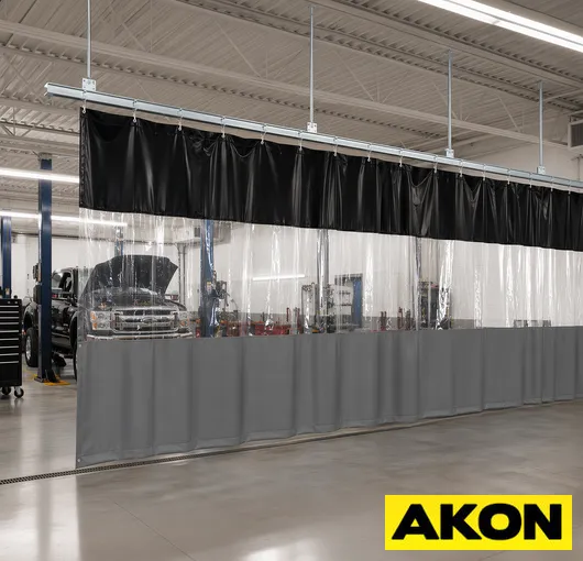 Garage work area divider with clear vinyl industrial curtain track resized
