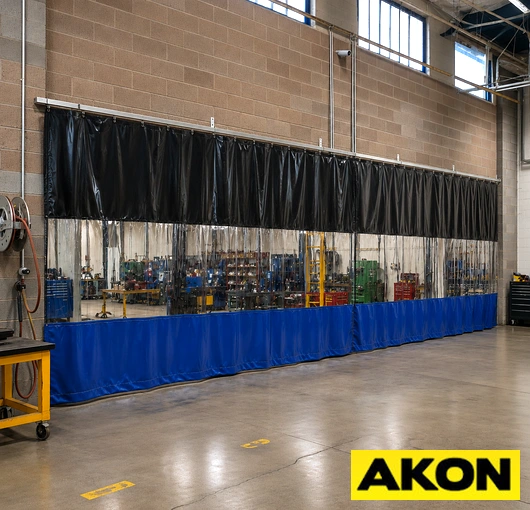 Heavy duty curtain track system installed in an industrial paint booth to divide and contain the spray area.