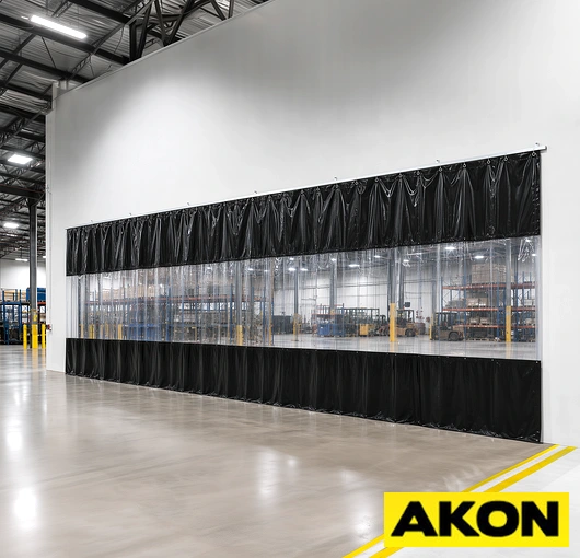 Heavy duty galvanized steel curtain track mounted in an industrial facility for large curtain panel applications.
