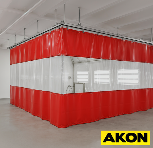 Industrial paint booth curtains with clear viewing window
