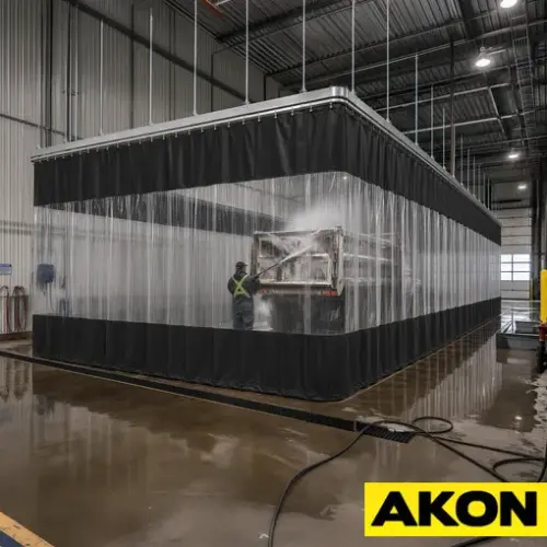 Wash bay containment curtain track system