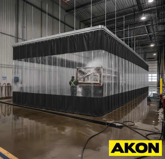 Wash bay containment curtain track system
