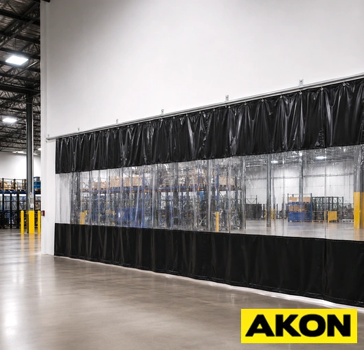 A galvanized roller hook curtain system mounted on an industrial curtain track, showing the hook and roller hardware in use.