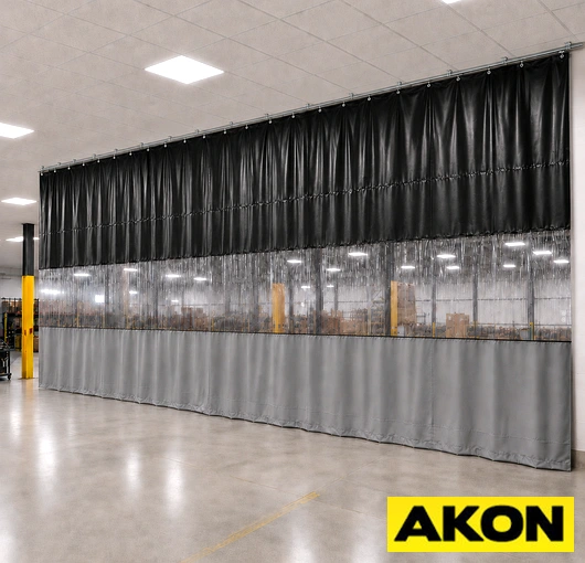 Galvanized steel curtain track mounted in a warehouse ceiling for industrial curtain dividers.