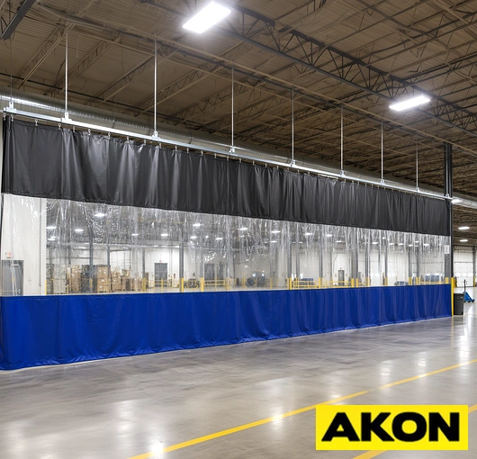 Heavy capacity steel curtain track system mounted in an industrial facility for supporting large or heavy curtain panels.