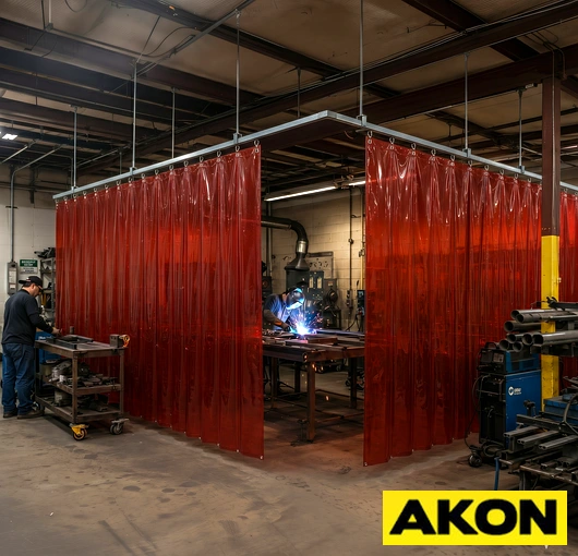 Heavy-duty curtain tracks mounted in an industrial or commercial facility for dividing large open spaces.