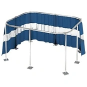 Freestanding curtain frame with blue and white vinyl curtains on floor base plates