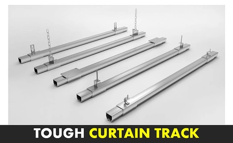 Five lengths of galvanized steel industrial curtain track with chain and rod support brackets