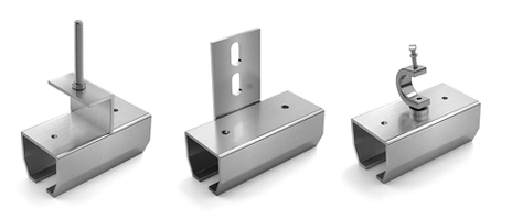 Three galvanized steel curtain track mounts: threaded rod, wall plate and beam clamp