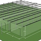 Rendering of indoor batting cages with sports netting hung from overhead track